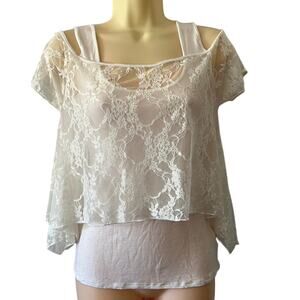 Lumi USA Size Small White Lace Cold Shoulder Knit Top Blouse Pullover Y2K Vibe
